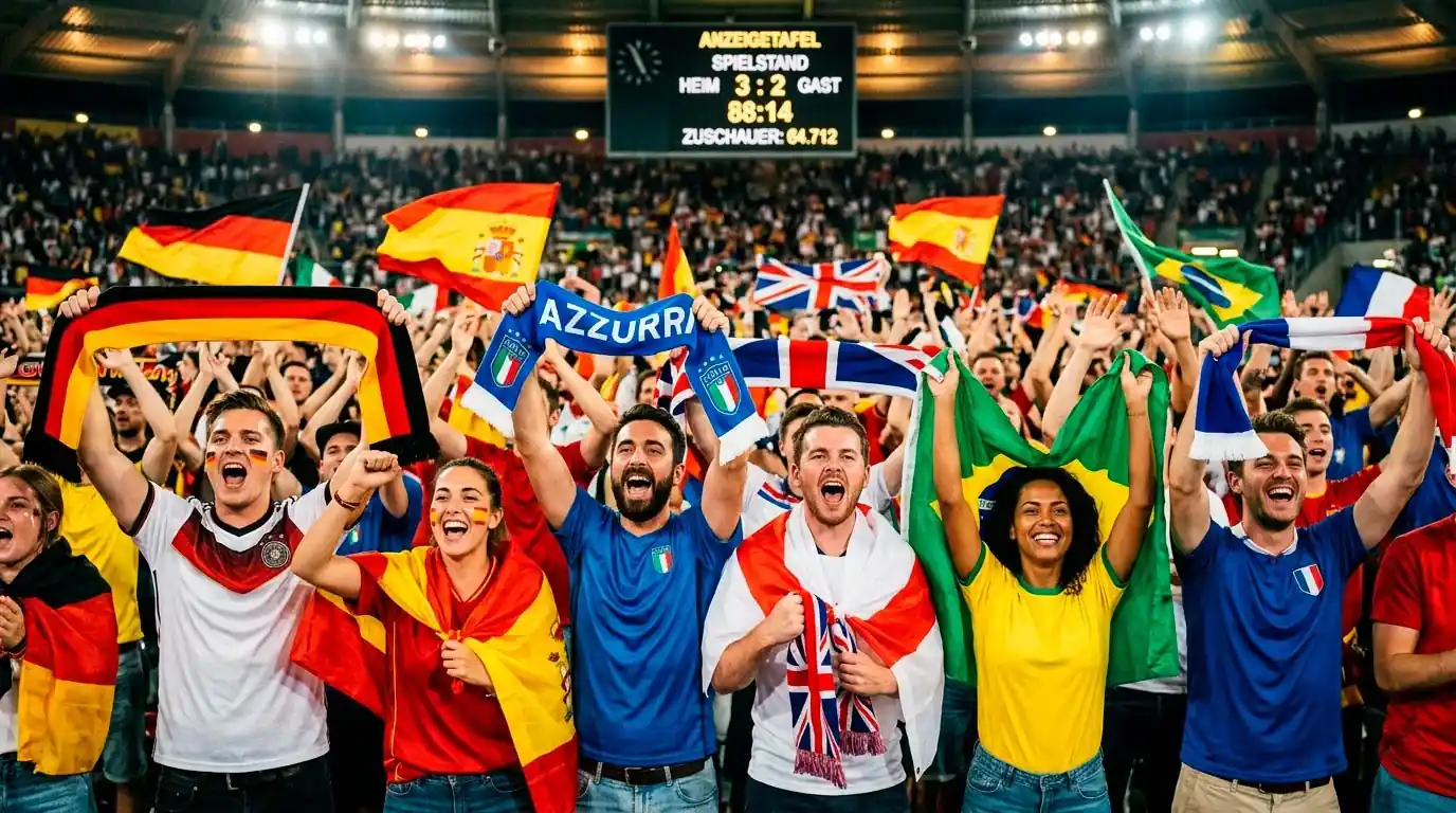 Jubelnde Fußballfans mehrerer Nationen auf einer Stadiontribüne, im Hintergrund eine leuchtende Anzeigetafel