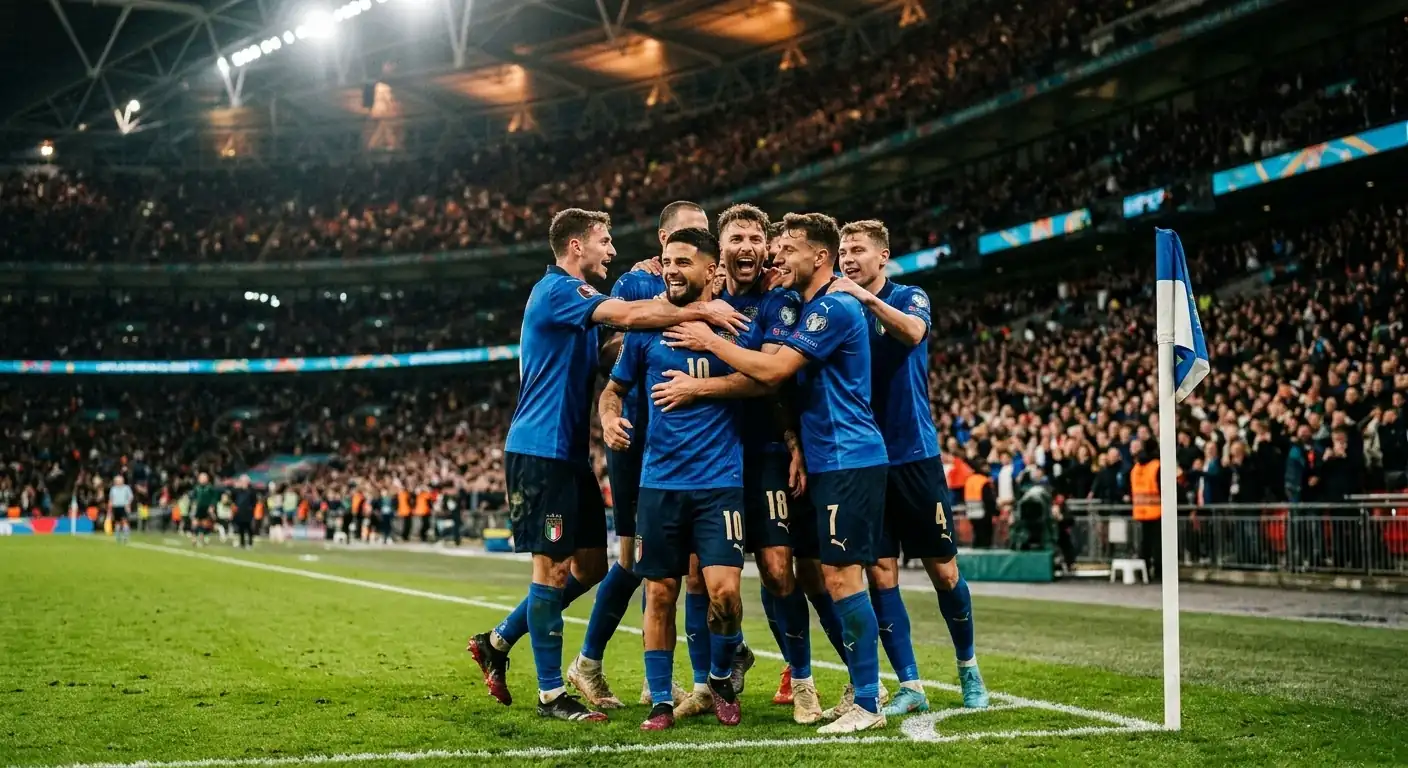 Jubelnde französische Spieler in blauen Trikots umarmen sich in der Nähe der Cornerfahne unter Flutlicht in einem amerikanischen Football-Stadion