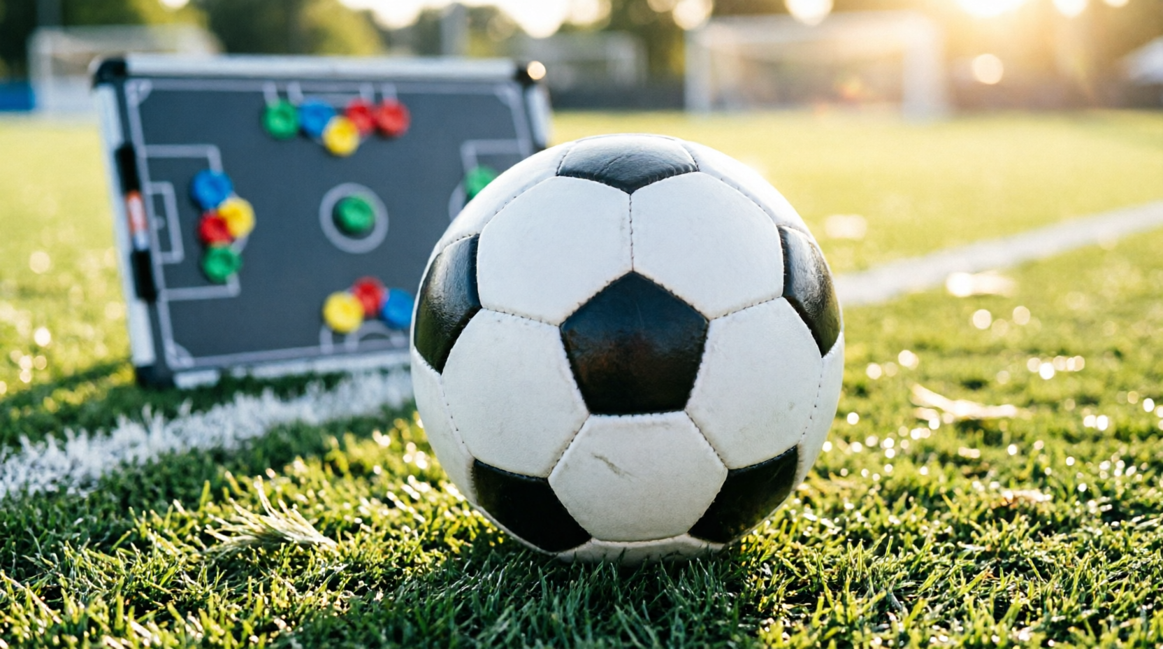 Nahaufnahme eines Fußballs auf dem Rasen vor einer Taktiktafel mit Spielzügen am Spielfeldrand