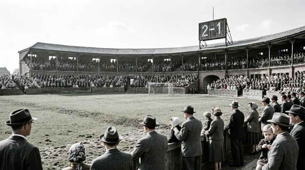 Historisches Schwarz-Weiß-Foto eines vollen Fußballstadions aus den 1950er-Jahren