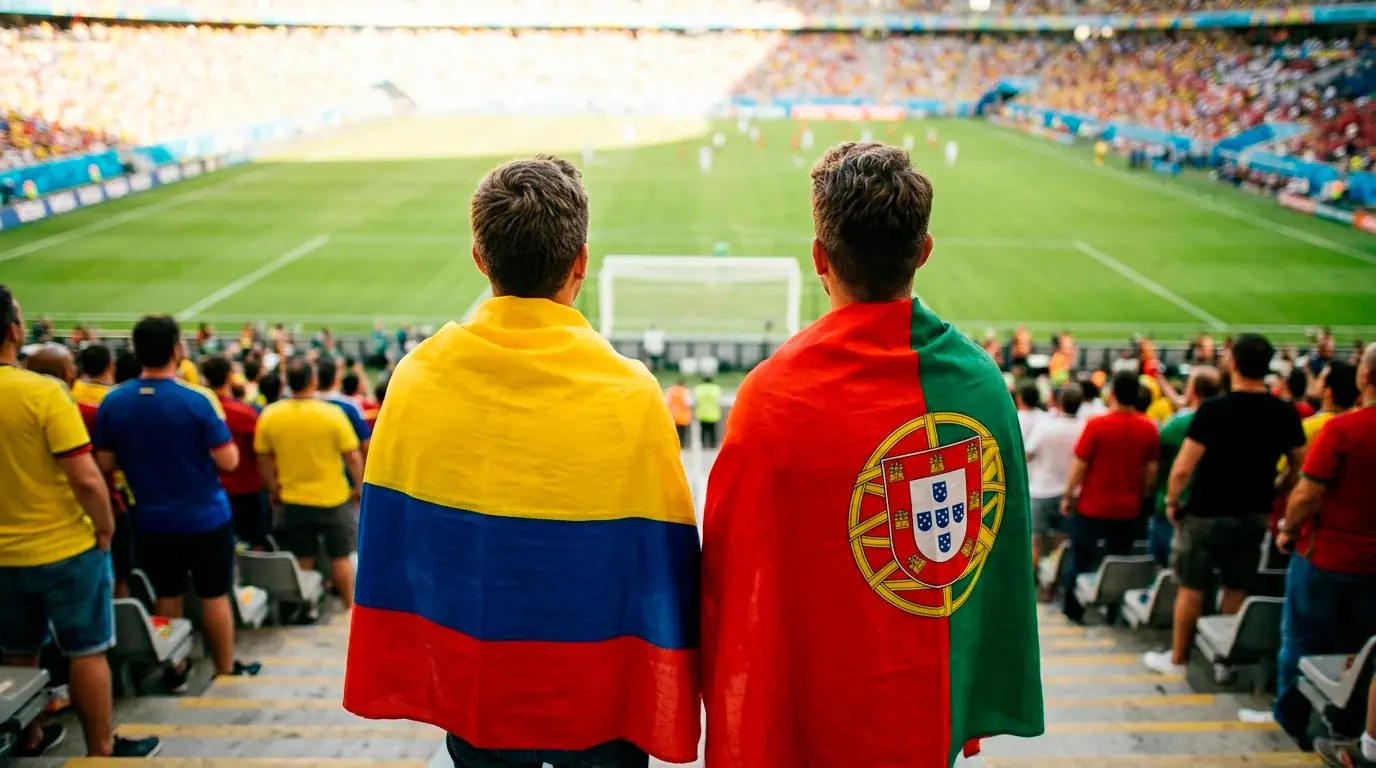 Zwei Fußballfans in den Farben Kolumbiens und Portugals stehen nebeneinander auf der Tribüne eines WM-Stadions