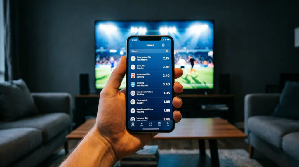 Smartphone mit Live-Wetten-Anzeige vor einem nächtlichen Fernsehbildschirm mit Fußballspiel