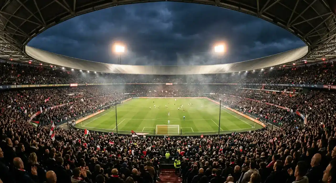 Weite Innenansicht eines riesigen, voll besetzten Fußballstadions bei Flutlicht mit rauchiger Abendstimmung
