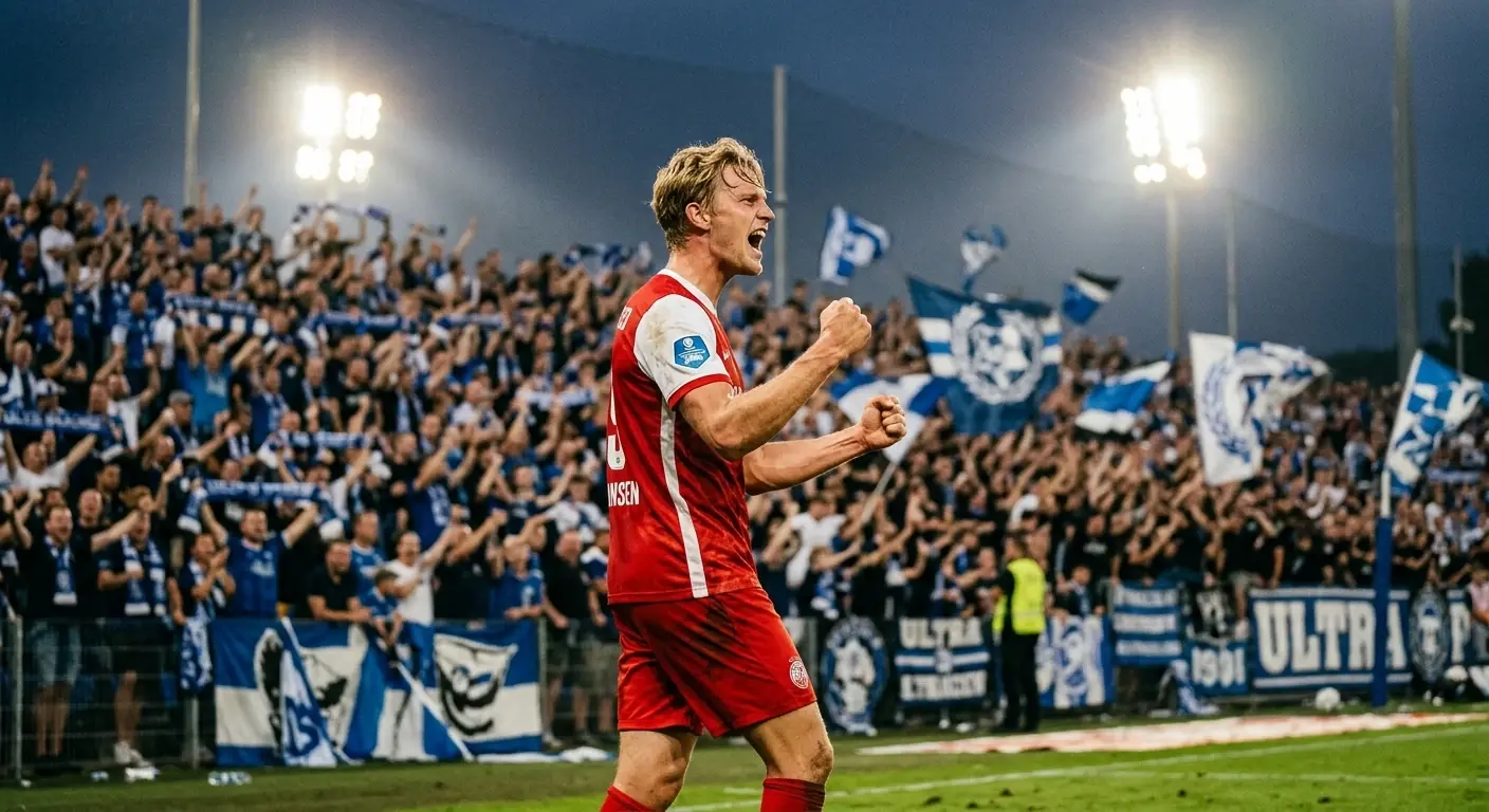 Ein blondhaariger Fußballstürmer in einem roten Trikot mit weißen Ärmeln bejubelt vor blau-weißer Fankulisse ein Tor in einem Stadion bei Flutlicht