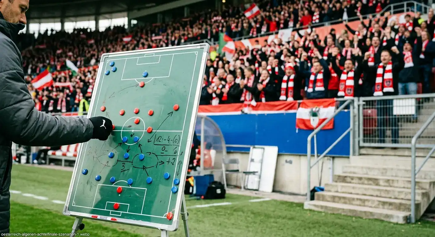 Taktiktafel mit Aufstiegsszenarien und österreichischen Fans mit Schal im Hintergrund