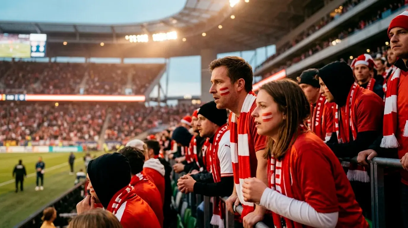 Österreichische Fans mit rot-weiß-roten Schals fiebern auf der Tribüne eines amerikanischen Stadions dem Anpfiff entgegen