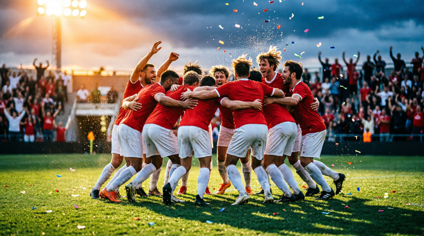 Österreichische Fußball-Nationalspieler in roten Trikots jubeln nach einem Tor auf dem Rasen