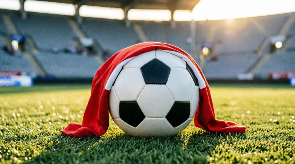 Österreichische Nationalmannschaft-Trikots und Fußball auf einem Spielfeld im Abendlicht
