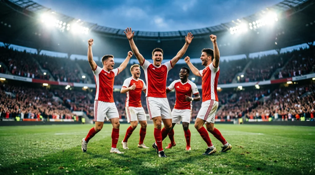 Österreichische Fußballnationalspieler feiern auf dem Rasen eines Stadions
