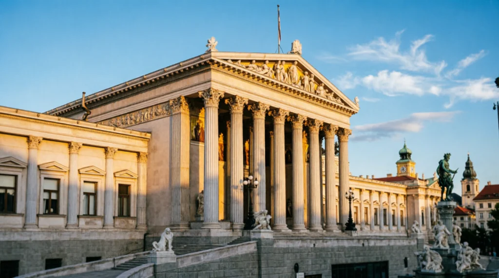 Blick auf das österreichische Parlamentsgebäude in Wien bei Sonnenuntergang