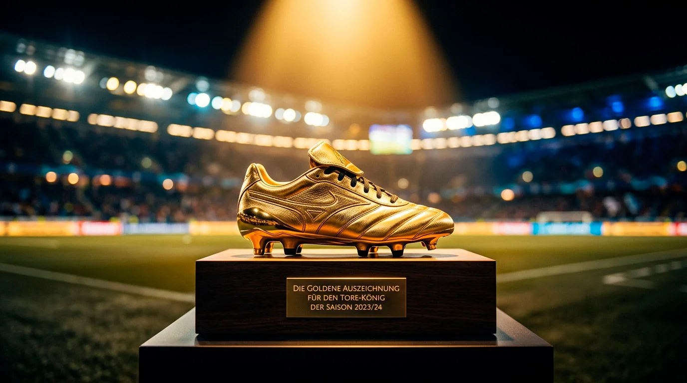 Ein goldener Fußballschuh liegt im Rampenlicht auf einem Podest, im weichen Hintergrund ein Stadion bei Flutlicht