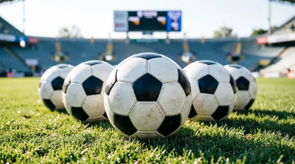 Verschiedene Fußbälle auf einem Spielfeld vor einer großen Stadion-Anzeigetafel