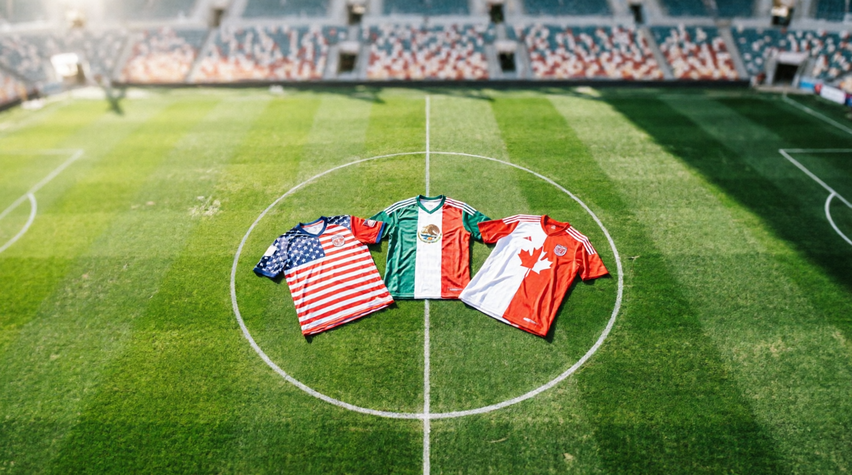 Fußballfeld mit den Flaggen der drei WM-2026-Gastgeberländer USA, Mexiko und Kanada