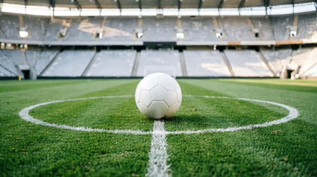 Fußball auf dem Mittelkreis eines WM-Spielfelds mit Stadionrängen im Hintergrund