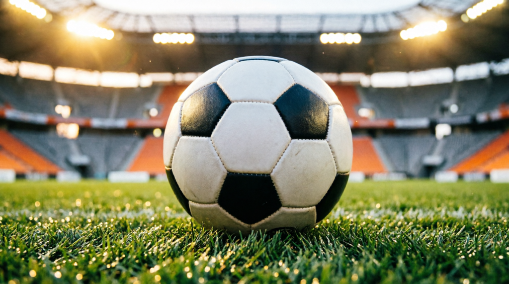 Fußball auf grünem Rasen vor einem beleuchteten WM-Stadion bei Abendstimmung