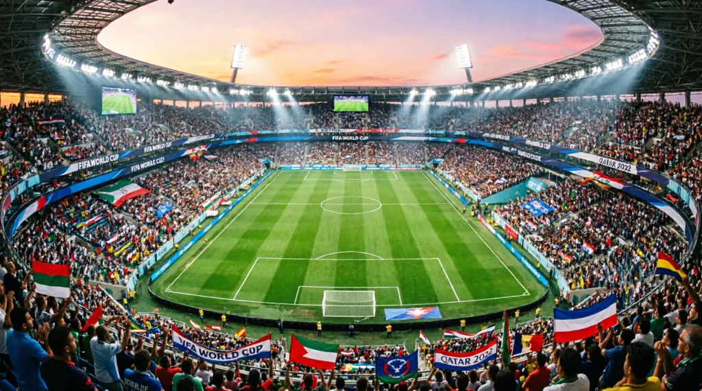 Panoramablick auf ein ausverkauftes Fußballstadion bei einem WM-Spiel 2026 mit Flutlicht und Rasenfeld