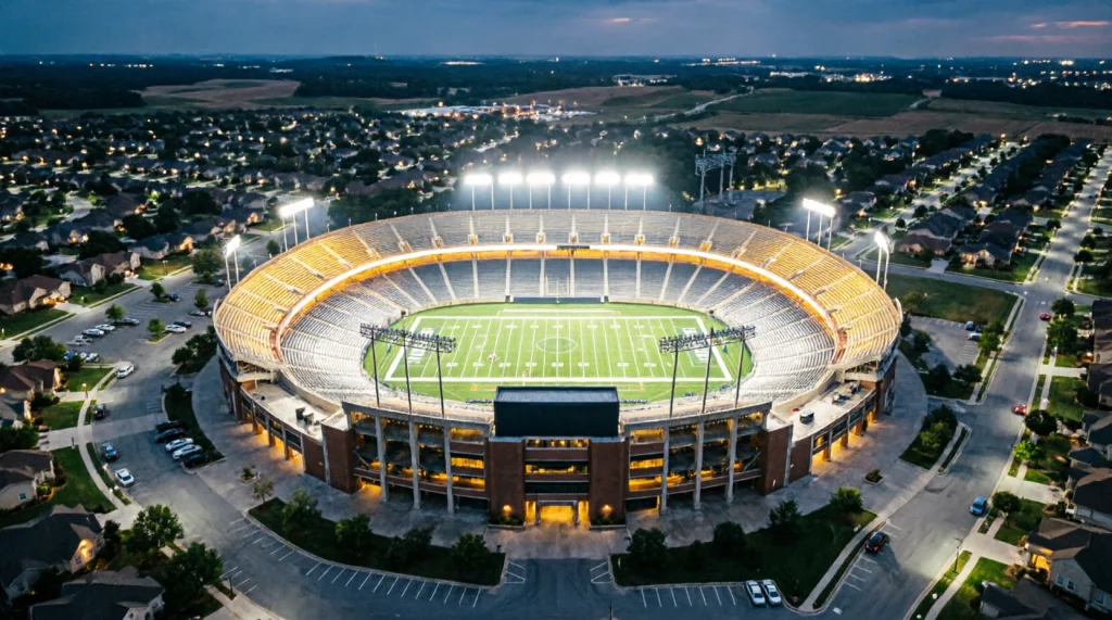 MetLife Stadium in New Jersey bei Flutlicht aus der Vogelperspektive