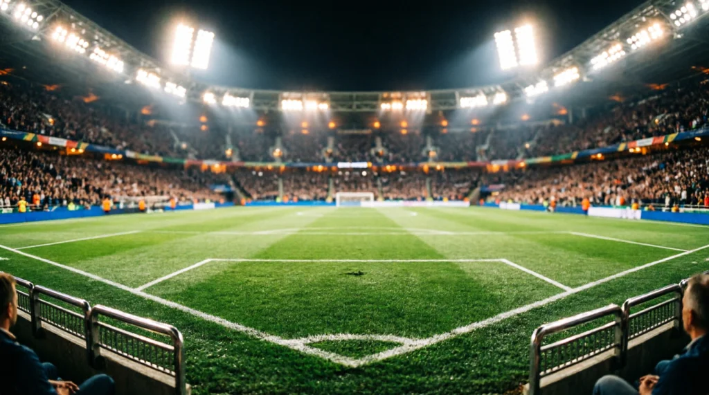 Fußballstadion bei Flutlicht mit Rasenfeld und Tribünen vor dem Anstoß eines WM-2026-Spiels