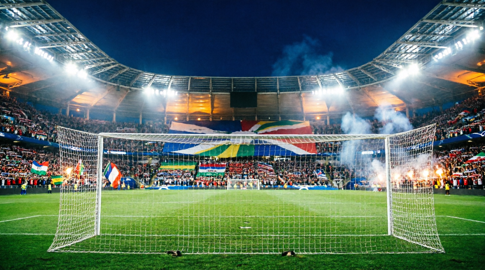Abendliche Spieltagsatmosphäre in einem voll besetzten Fußballstadion mit Fankulisse und Flutlicht