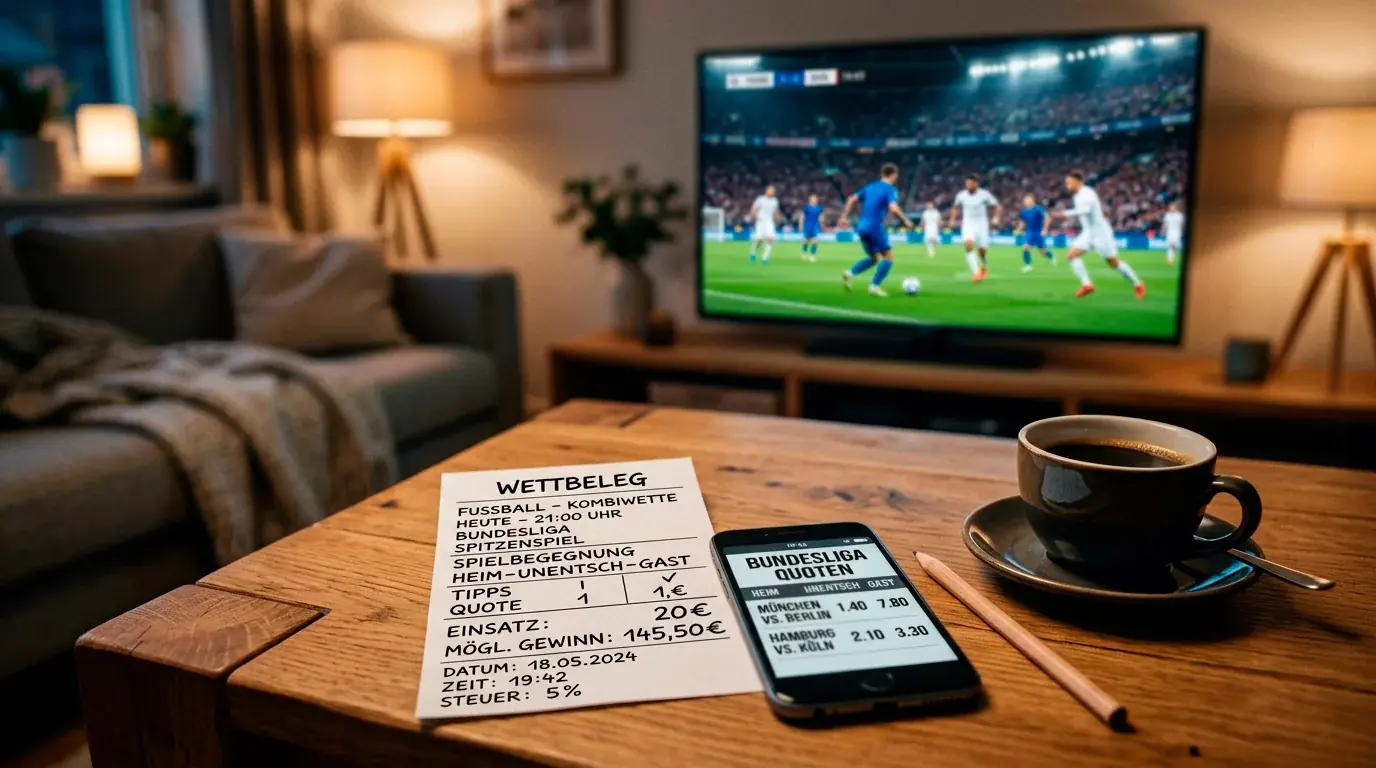 Ein Wettschein und ein Smartphone mit einer Quotenübersicht liegen auf einem Tisch, im Hintergrund läuft ein WM-Spiel auf dem Fernseher