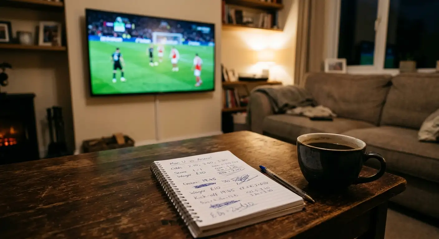 Ein Notizblock mit handschriftlichen Quoten liegt neben einem Kaffee vor einem Fernseher mit Fußballspiel